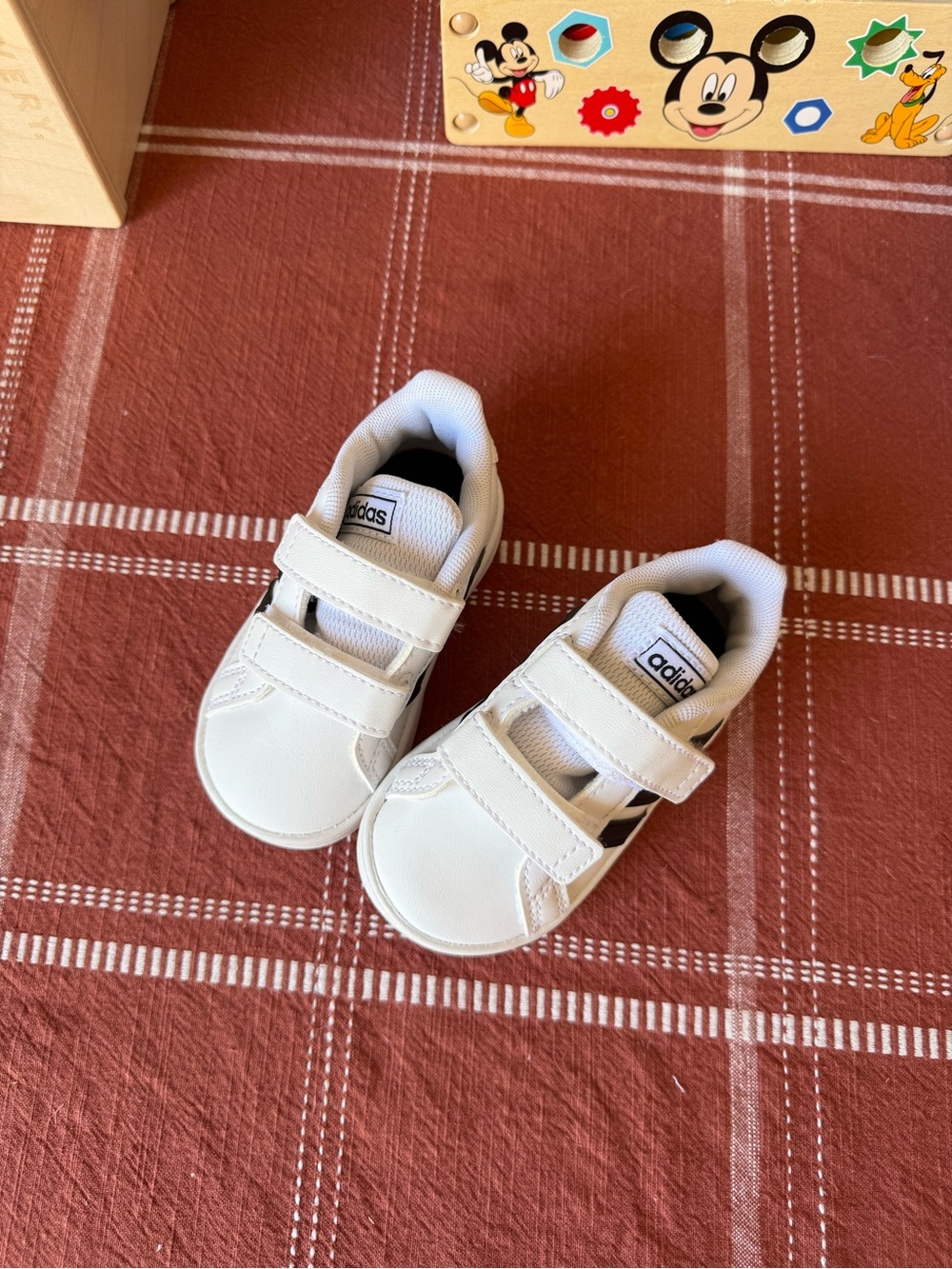 adidas Kids White Sneakers with Black Stripes - Velcro